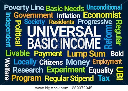 Universal Basic Income Word Cloud on Blue Background