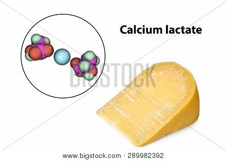 Calcium Lactate Crystals On Cheese Surface, Photo And 3d Illustration With Close-up View Of Ca Lacta