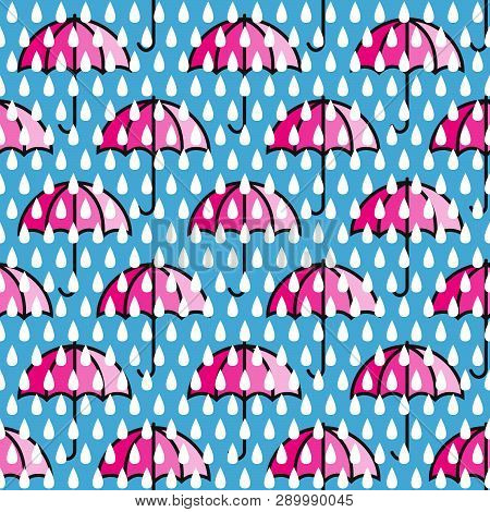Umbrellas Seamless Pattern. Autumn (fall) Background. Bright Pink Umbrellas Behind The Raindrops. Ra