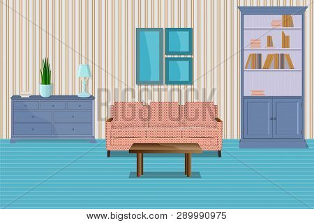 Living Room Modern Flat Interior. Sofa, Bookcase, Chest Of Dravers With Flower Pot And Retro Lamp. C