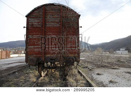 Abandoned Old Railway Wagons At Station, Old Train Wagons In An Abandoned Station