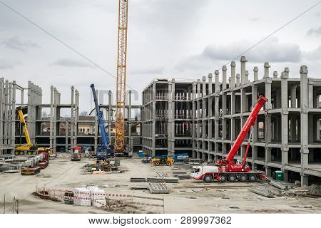 Sibiu, Romania - March 16, 2019. Workers At The Mall Festival Centrum Building Site