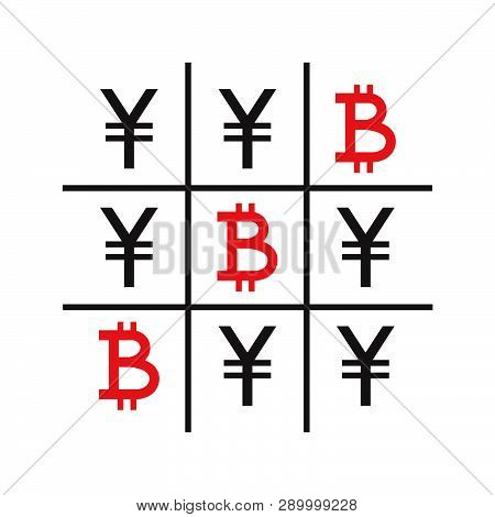 Tic-tac-toe Money Concept. Yuans And Bitcoins. Competition Between Currencies. Bitcoins Victory. Vec