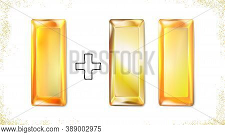Set Gold Ingot Isolated On White Background. Realistic Precious Metal, Gold Bullion, Top View. Style