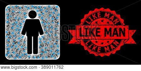 Glowing Mesh Polygonal Man With Glowing Spots, And Like Man Textured Ribbon Seal Imitation. Red Seal