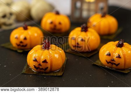 Steamed Halloween Cake Or Kueh In Pumpkin Shape