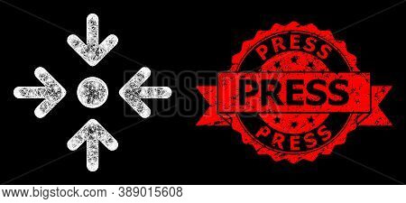 Glare Mesh Polygonal Meeting Point With Lightspots, And Press Unclean Ribbon Seal. Red Seal Contains