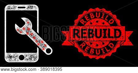 Glowing Mesh Net Smartphone Repair With Glowing Spots, And Rebuild Textured Ribbon Stamp. Red Stamp 