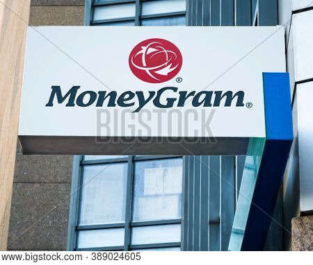 Bucharest/romania - 09.27.2020: Moneygram Money Transfer Sign And Logo Mounted Above The Entrance.