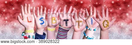Children Hands Building Word Lsbttiq, Red Christmas Background