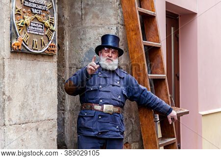 Lviv Ukraine December 21, 2019: Male Chimney Sweep Of The House Of Legends In Lvov, Ukraine. Lviv Is