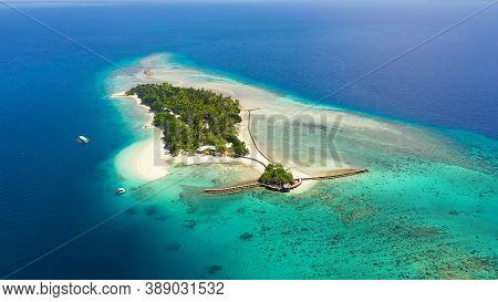 Aerial View Of Sandy Beach On A Tropical Little Liguid Island With Palm Trees. Little Cruz Island, P