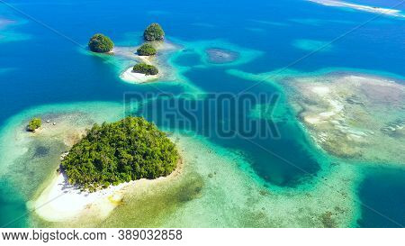 Aerial View Of Sandy Beach On A Tropical Island With Palm Trees. Britania Islands, Surigao Del Sur, 