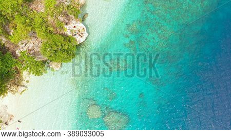 Aerial View Of Sandy Beach On A Tropical Island. Canibad Beach, Philippines, Samal Island.