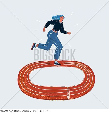 Vector Illustration Of Fast Run. Female Runner. Woman Is Running In Circles Around And Arround. Char