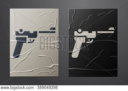 White Mauser Gun Icon Isolated On Crumpled Paper Background. Mauser C96 Is A Semi-automatic Pistol. 