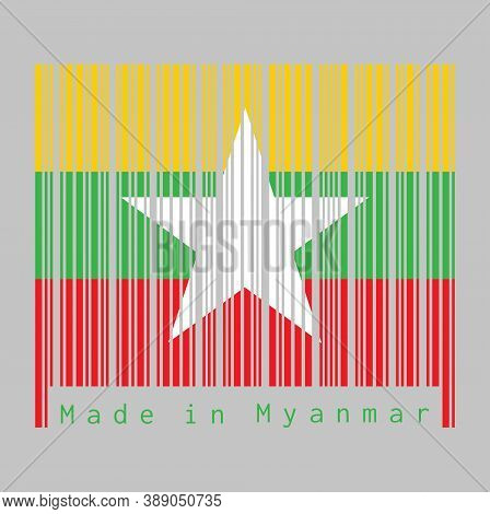 Barcode Set The Color Of Myanmarese Flag, Red Green And Yellow Color And White Star. Text: Made In M