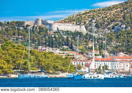 Town Of Hvar And Fortica Fortress View From The Sea, Dalmatia Archipelago Of Croatia