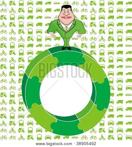 Vektor - muž, který stojí na zeleném kruhu Puzzle a vozidel zázemí - zelené prostředí koncept