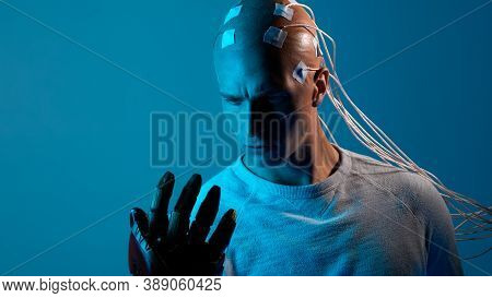 Bald Man With Electrodes In His Brain, A Man Of The Future With Technological Additions, The Brain I