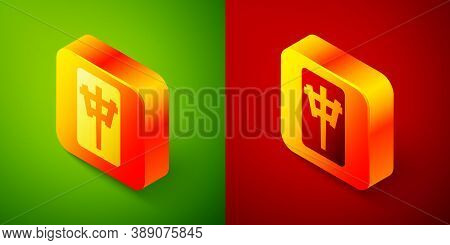Isometric Mahjong Pieces Icon Isolated On Green And Red Background. Chinese Mahjong Red Dragon Game 