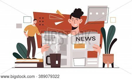 Coffee Break Concept. Woman Sitting At Her Workplace In Office Drinking Tea And Reading Latest News 
