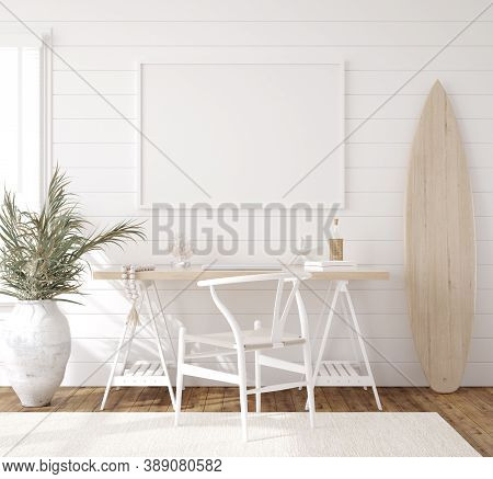 Hampton Style Living Room Interior With Frame Mockup, 3d Illustration