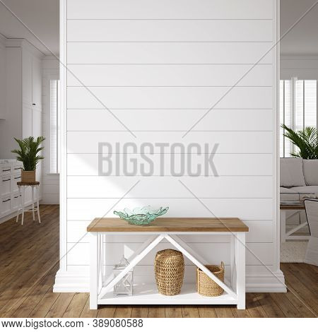 Hampton Style Living Room Interior, Wall Mockup, 3d Illustration
