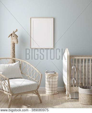Mock Up Frame In Boy Nursery With Natural Wooden Furniture, 3d Illustration