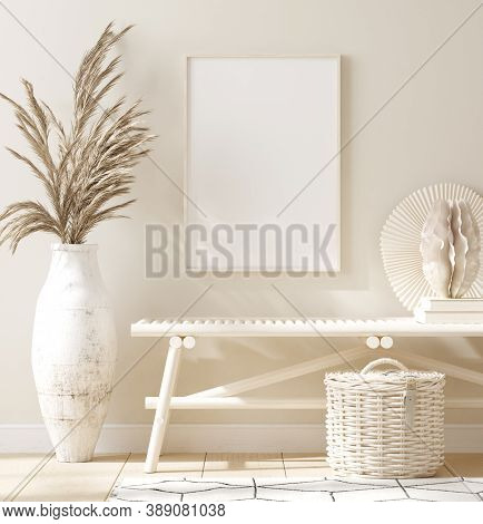 Mock Up Frame In Home Interior Background, Beige Room With Natural Wooden Furniture, 3d Illustration