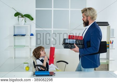 Little Boss. Colleagues Brainstorming In Talk. Little Businessman Bossy Child Working In Office. Fun