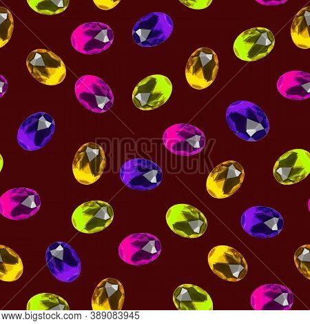 Seamless Pattern. Multi-colored Faceted Stones On A Dark Red Background.