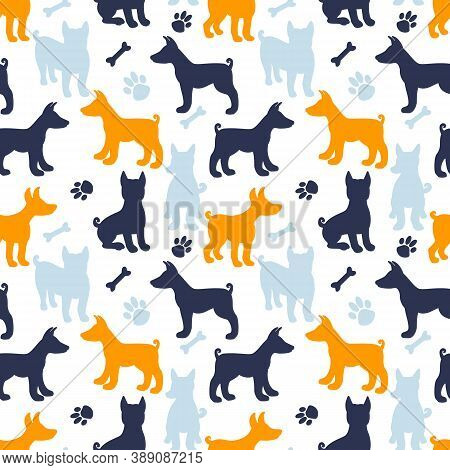 Dog Silhouette Seamless Pattern. Print Texture About Dogs. Vector Illustration Isolated On White Bac