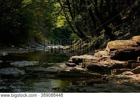 Quiet Mountain River In A Shady Canyon Among Tropical Vegetation
