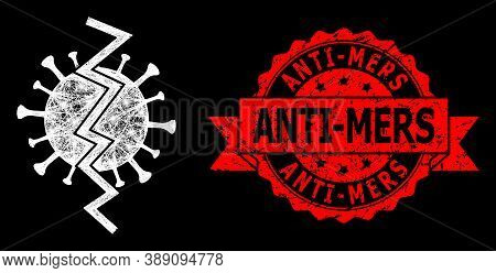 Shiny Mesh Polygonal Virus Break With Lightspots, And Anti-mers Grunge Ribbon Stamp Seal. Red Seal C