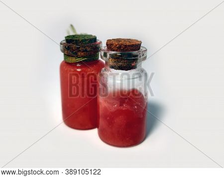 Potions With Red Liquid. Alchemy Set With Flasks. Small Glass Bottles With Colored Liquid For Game R