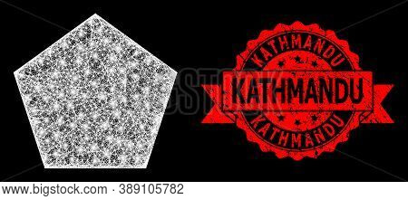 Glowing Mesh Network Filled Pentagon With Light Spots, And Kathmandu Unclean Ribbon Stamp. Red Stamp
