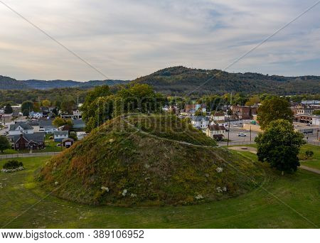 Aerial Drone Shot Of The Ancient Historic Native American Burial Mound In Moundsville, Wv