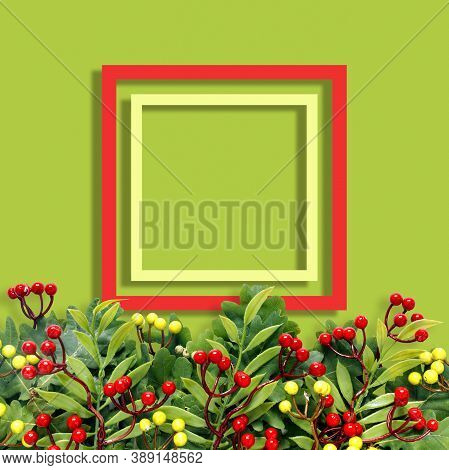 Autumn Oak And Rowan Branches With Red Berries On Green Background.
Creative Paper Trending Backgrou