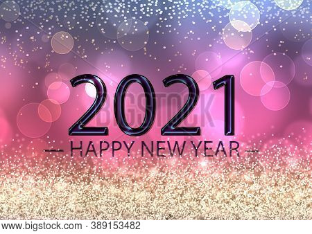 Happy New 2021 With Golden Glitter On The Bokeh Background