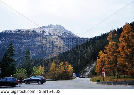 Austrian People And Foreign Travelers Stop Car In Parking For Travel Visit Viewpoint Of Blindsee Lak