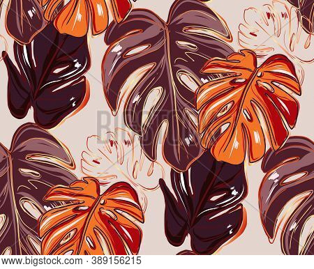 Tropical Leaves Monstera On Beige Background. Fall Flat Lay, Top View Seamlesspattern Design. Autumn