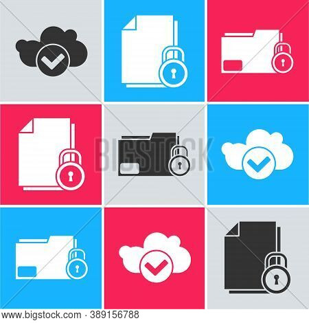 Set Cloud With Check Mark, Document And Lock And Folder And Lock Icon. Vector
