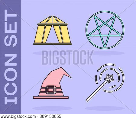 Set Magic Wand, Circus Tent, Witch Hat And Pentagram In A Circle Icon. Vector