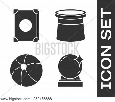 Set Magic Ball, Ancient Magic Book, Beach Ball And Magician Hat Icon. Vector