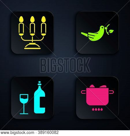 Set Egg In Hot Pot, Candelabrum With Candlesticks, Wine Bottle With Glass And Peace Dove With Olive 