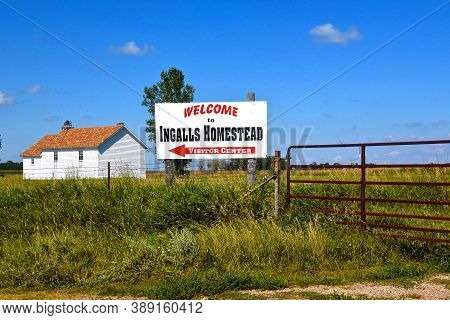 De Smet, Sout Dakota, August 5, 2020: A Large Sign Provides Directions To The Homestead Laura Ingall