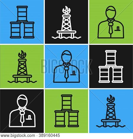 Set Line Barrel Oil, Businessman Or Stock Market Trader And Oil Rig With Fire Icon. Vector