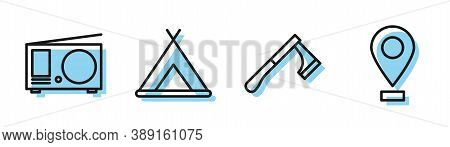 Set Line Wooden Axe, Radio With Antenna, Tourist Tent And Location Icon. Vector