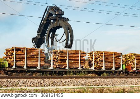 Kouvola, Finland - 24 September 2020: Unloading Of Timber From Railway Carriages At Paper Mill Stora